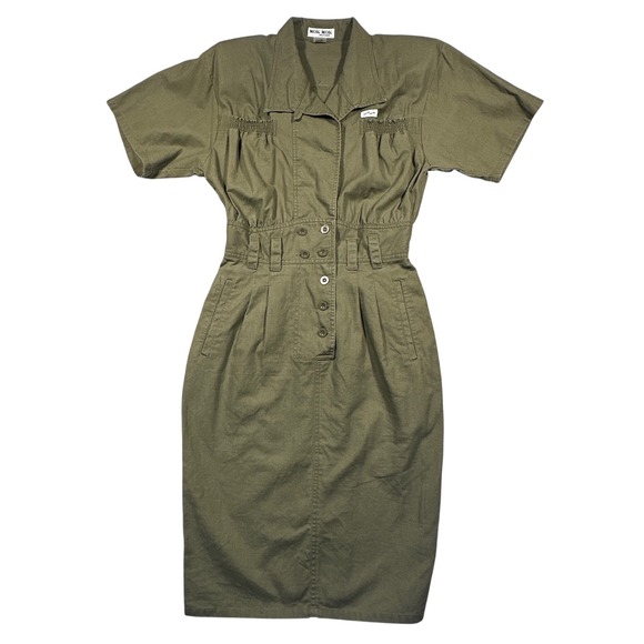 Nok Nok Dresses & Skirts - Vintage Nok Nok Dress Womens M Army Green Military‎ Inspired Ramie Cotton Midi
